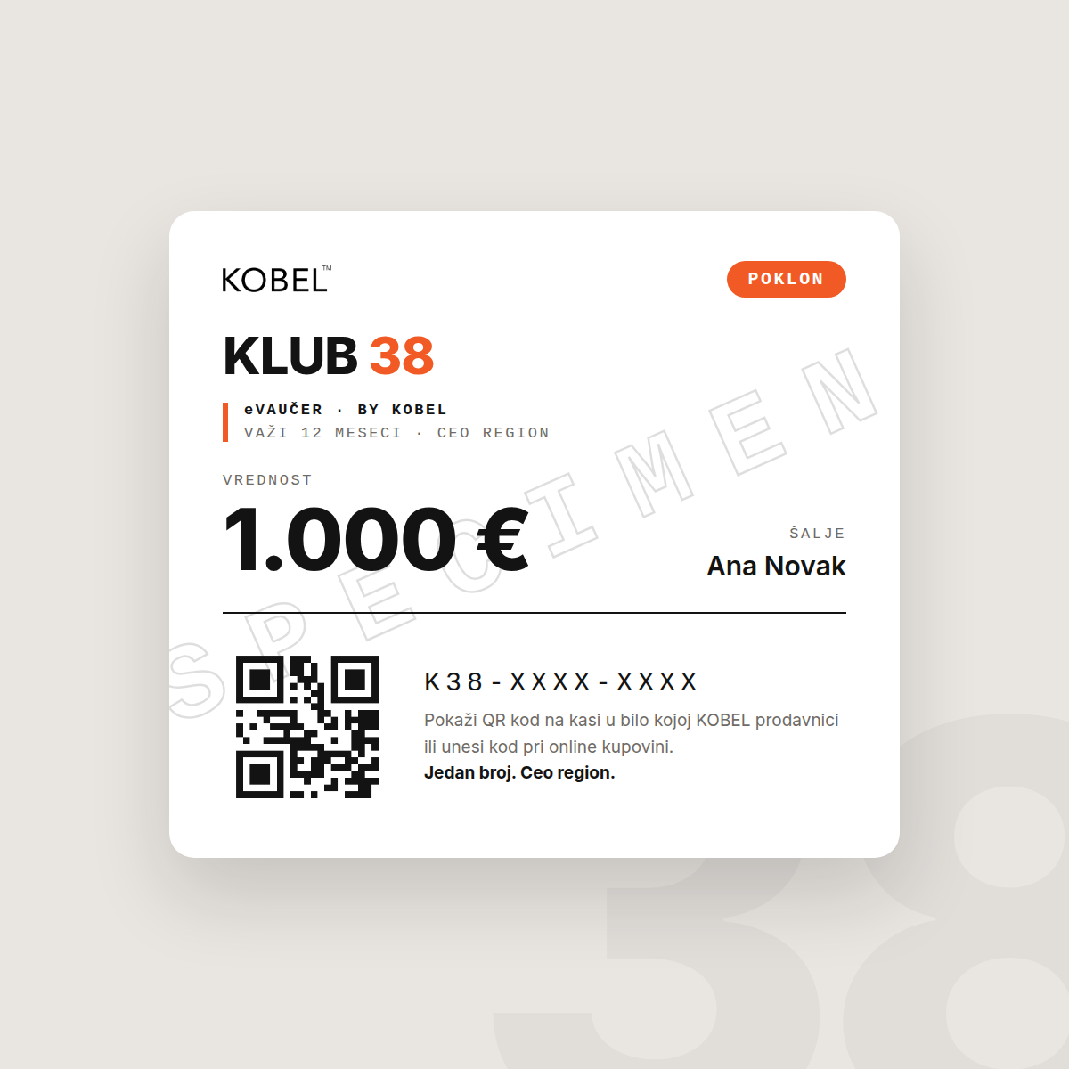 Klub 38 eVaučer 1000 EUR specimen