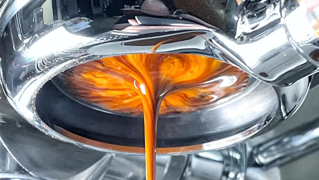 Espresso being poured from a portafilter into a coffee machine.